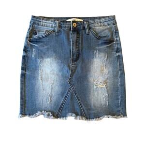 KanCan Distressed Denim Skirt Size 3/25 Raw Hem High Waist Mini Jean Skirt 721G